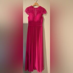 JJs House Fuchsia Lace Cap Sleeve Chiffon Evening Gown